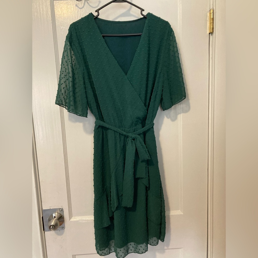 Faux Wrap Swiss Dot Dress in Hunter Green